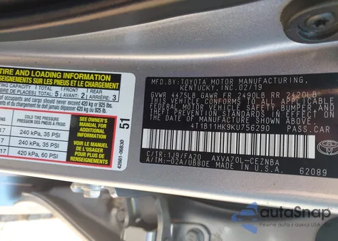 2019 Toyota Camry Le из США, поврежденный, VIN 4T1B11HK9KU756290